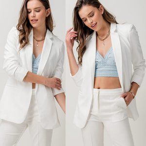 NEW Classic Collar Mid Length Side Pocket Open Front Cardigan Long Blazer Ivory